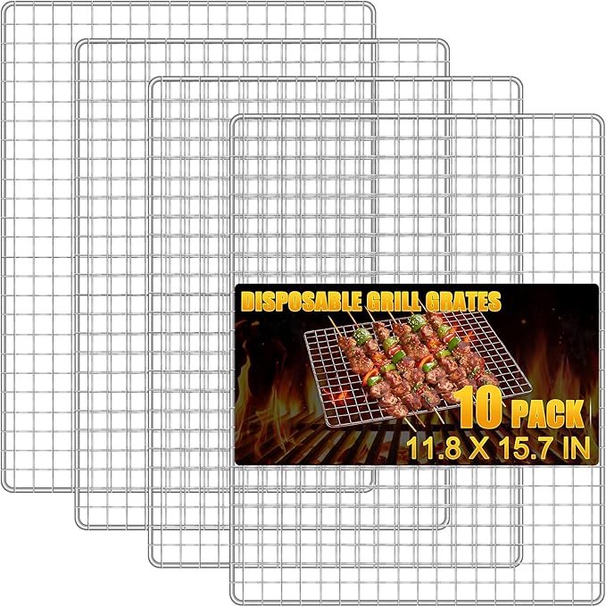 10 Pack Disposable Grill Topper,11.8X15.8 Inch Disposable Grill Grates,Stainless Steel Roasting Racks,Barbecue Mesh Mat,Heavy-Duty Baking Rack for Picnics Camping Cooking Outdoor BBQ (10 Pcs)