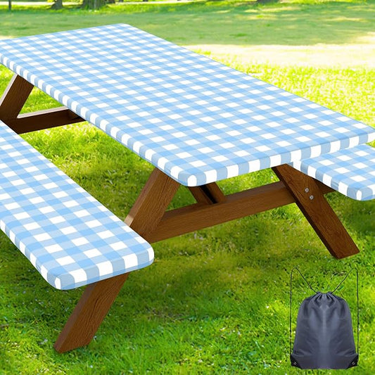 Smiry Picnic Table Cover with Bench Covers, Waterproof Elastic Fitted Tablecloths for 6 Foot Rectangle Tables, Washable Buffalo Plaid Tablecloth for Camping, Outdoor (Light Blue & White, 30"x72")