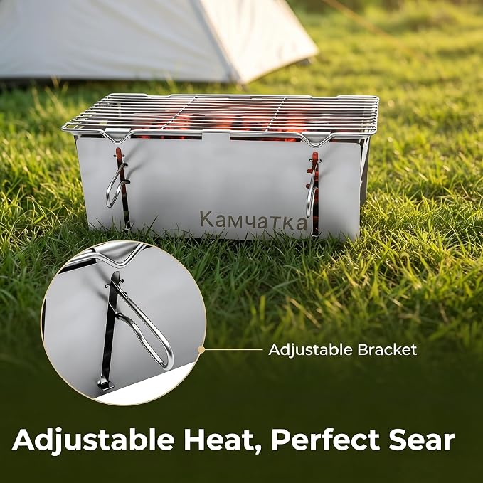 Foldable Stainless Steel Charcoal BBQ Grill with 15 Metal Skewers | Small Camping Barbecue Grill for 1‑3 People, Perfect for Making Kabobs at Garden, Beach, Picnic & Tabletop Gatherings