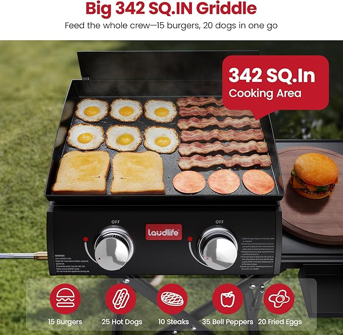 Laudlife 2 Burner Propane Gas Griddle with Removable Stand & Side Table, Converts to Tabletop, Non-Stick Enameled Cast Iron & 342 SQ.IN, Easy Cleanup, Folds Compact for Camping, Tailgating, Backyard