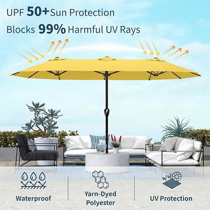 15FT Double Sided Patio Umbrella with Base Included Large Outdoor Market Umbrella with Crank Handle, UV Resistant Canopy, Sturdy Frame for Garden, Poolside, Deck, Sunshine Yellow