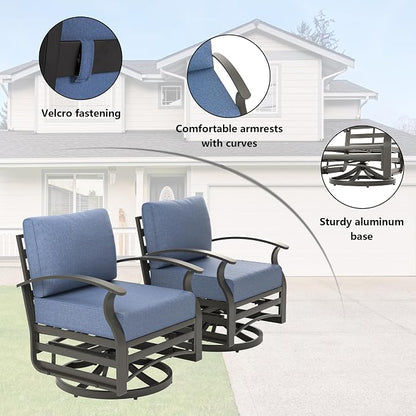 ALAULM 3 Piece Aluminum Outdoor Swivel Chairs High Back Metal Swivel Rocking Chairs with 5.1" Sponge Cushions &1 Coffee Table for Patio, Porch, Backyards, Garden(DarkBlue)
