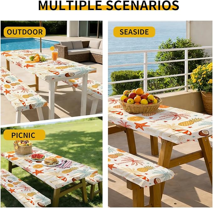 Picnic Table Cover with Bench Covers, 72 X 30 Inch Elastic Fitted Camping Tablecloth with Strap Design for 6FT Rectangle Tables, Windproof Outdoor Tablecloth Set with Storage Bag