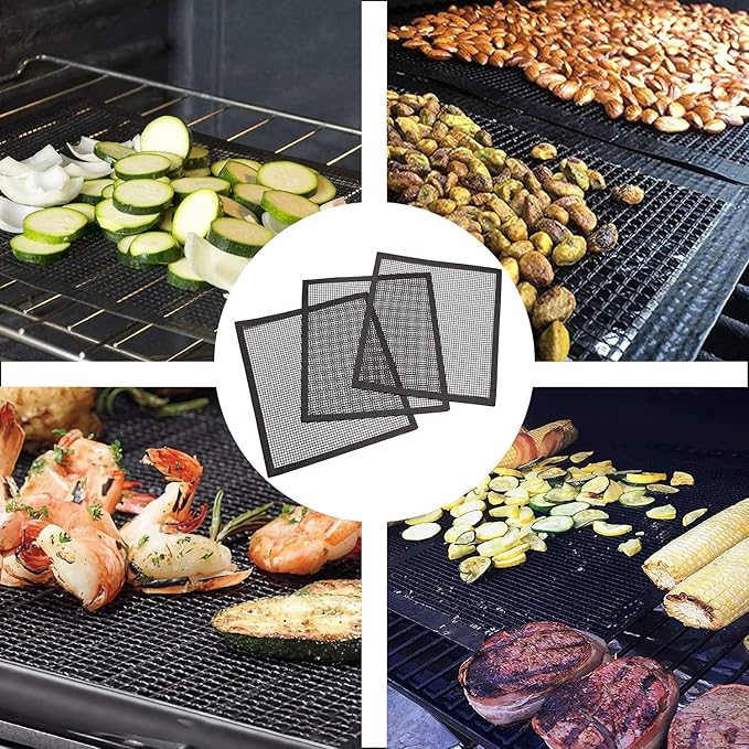 Grill Mesh Mat Set of 3 - Heavy Duty BBQ Non-stick Cooking Sheet Liners Reusable Teflon Barbecue Grilling Net for Outdoor Smoker, Pellet, Gas, Charcoal Grills - 11.8x13.8