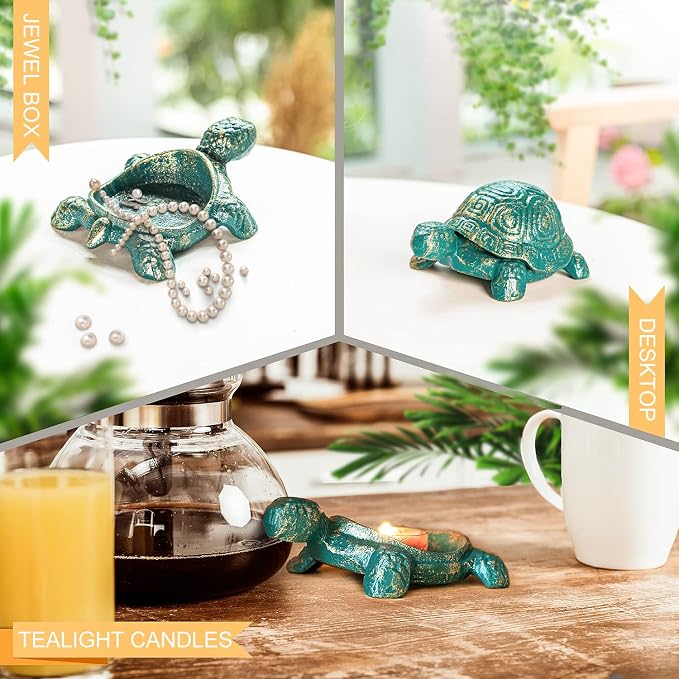 Sungmor Cast Iron Turtle Key Hider – Heavy Duty Indoor Outdoor Spare Key Holder & Garden Decor, Antique Green Small Animal Statue for Porch, Shelf, Patio | Heavy Duty Small Animal Figurine for Porch Patio Shelf Indoor Outdoor Home Ornament