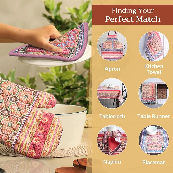 Maison d' Hermine 100% Cotton Oven Mitt & Pot Holder Set (7.5"x13" & 8"x8") | Heat Resistant BBQ Cooking Gloves with Loop Baking Grilling Kitchen Hotel Home Farmhouse Thanksgiving Christmas - Ispahan