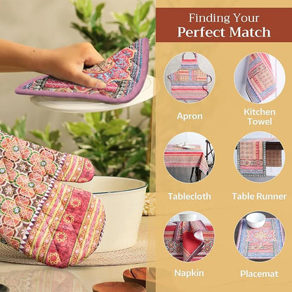 Maison d' Hermine 100% Cotton Oven Mitt & Pot Holder Set (7.5"x13" & 8"x8") | Heat Resistant BBQ Cooking Gloves with Loop Baking Grilling Kitchen Hotel Home Farmhouse Thanksgiving Christmas - Ispahan