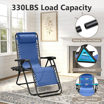 Zero Gravity Chairs Set of 2, Adjustable Lounge Chair Outdoor Recliner, Folding Reclining Lawn Chair, Anti Gravity Chair with Pillow & Cup Holder for Pool Camping Sunbathing Beach Patio