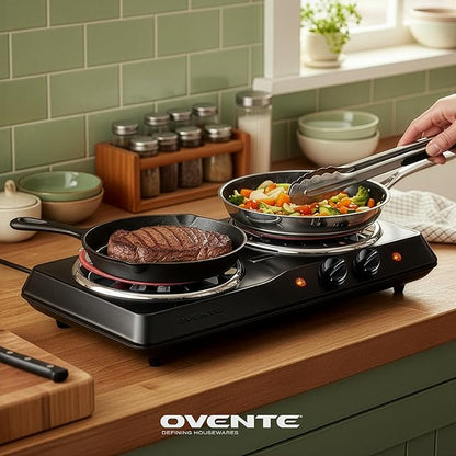OVENTE Electric Countertop Double Burner, 1700W Cooktop with 6" and 5.75" Stainless Steel Coil Hot Plates, 5 Level Temperature Control, Indicator Lights and Easy to Clean Cooking Stove, Black BGC102B