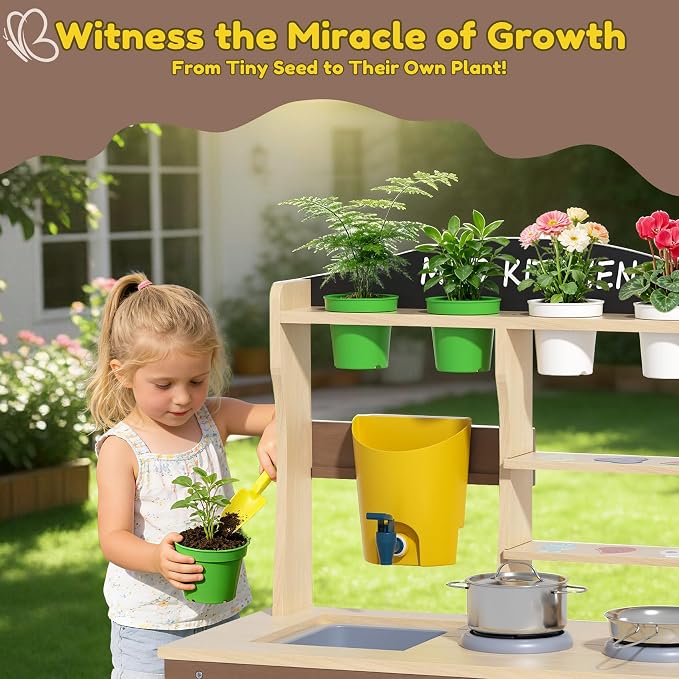 BIERUM Wooden Mud Kitchen for Kids Outdoor with Real Sink & Faucet, Green | with Real Sink, Faucet, Oven and Stove, for Water, Cooking & Planting, Perfect Outdoor Gift for Toddlers Boys Girls Ages 3+