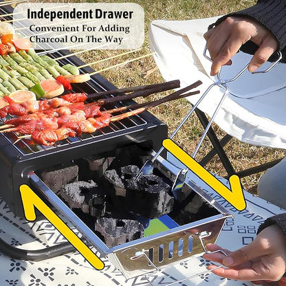Portable Charcoal BBQ Grill with Foldable Legs Easy to Clean Iron Design Removable Charcoal Tray Ideal for 4 7 People Perfect for Outdoor Cooking (White)