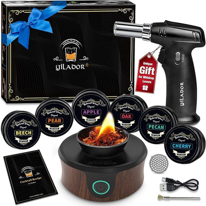 Electric Whiskey Smoker Kit with Torch, Fathers Day Gift for Whiskey Lover, 6 Wood Chips – Infuse Rich Smoky Flavors in Bourbon Old Fashioned & Cocktails, Birthday Gifts for Him, Dad (Without Butane)