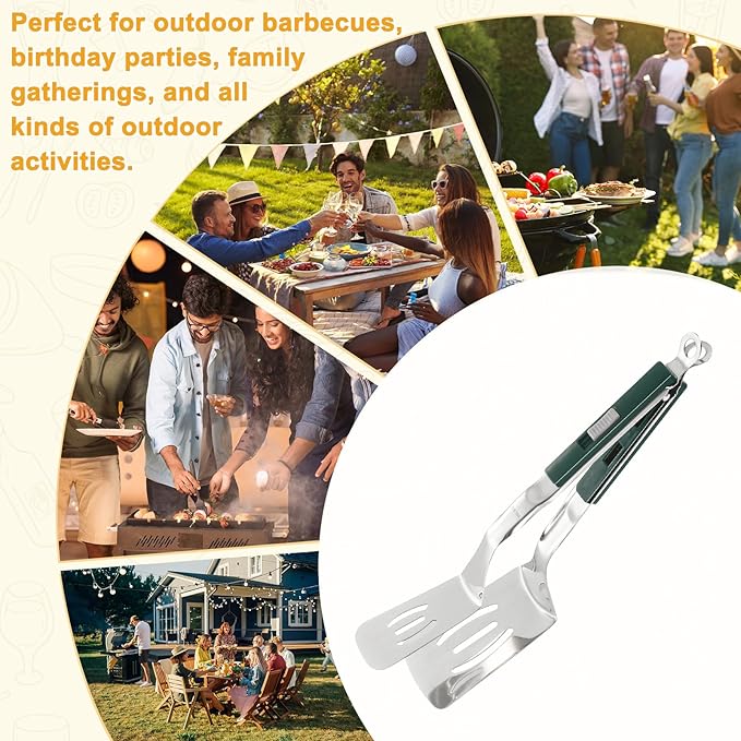 M METERXITY Spatula Tongs, 11.4 Inch 304 Stainless Steel Anti-Scald Multifunctional Flipper Grill Clamp for Cooking/Barbecue, Kitchen Cooking Tongs [Green Handle, Silver Tone]
