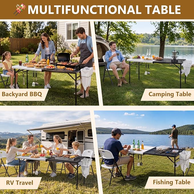 5FT Folding Table, Camping Table for Grill with Solid＆Metal Grid Grilling Surface, BBQ Prep Table Portable with Carry Handle for Party Cooking, Camping, Backyard, Beach and Patio Use