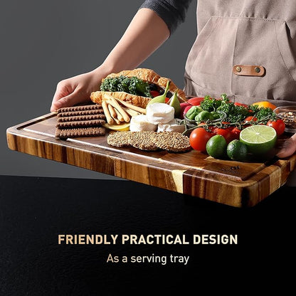 End Grain Cutting Board Set of 2 with Non-slip Feet, Reversible Acacia Wood Cutting Boards for Kitchen with Juice Grooves and Handles Non Toxic Chopping Board Butcher Block Serving Tray Kitchen Gift