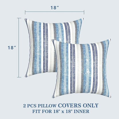 LVTXIII 2 Pack Outdoor Pillow Covers ONLY 18x18 Inch, Water-Repellent Square Decorative Cushion Covers for Patio Furniture, Garden, Sofa, Stripe Layered Blue