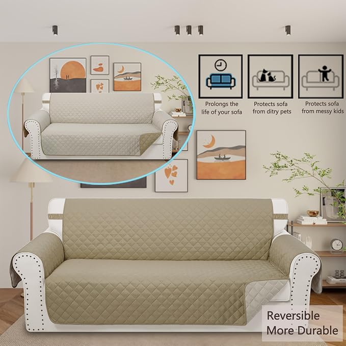 Reversible 4 Seater Sofa Cover 91" Large, Sofa, Camel/Beige | Couch Cover Furniture Protector with Foam Sticks Elastic Straps Furniture Protector for Pets Children Dog Cat