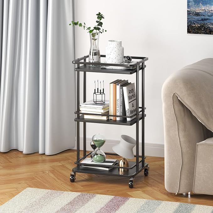 XYZLVSI Bar Cart, Home Bar Serving Cart, 3 Tier Kitchen Shelf with Wheels | Wood and metal, kitchen island storage cart with wheels, multifunction utility cart storage rack for dining room, living room