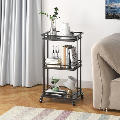 XYZLVSI Bar Cart, Home Bar Serving Cart, 3 Tier Kitchen Shelf with Wheels | Wood and metal, kitchen island storage cart with wheels, multifunction utility cart storage rack for dining room, living room