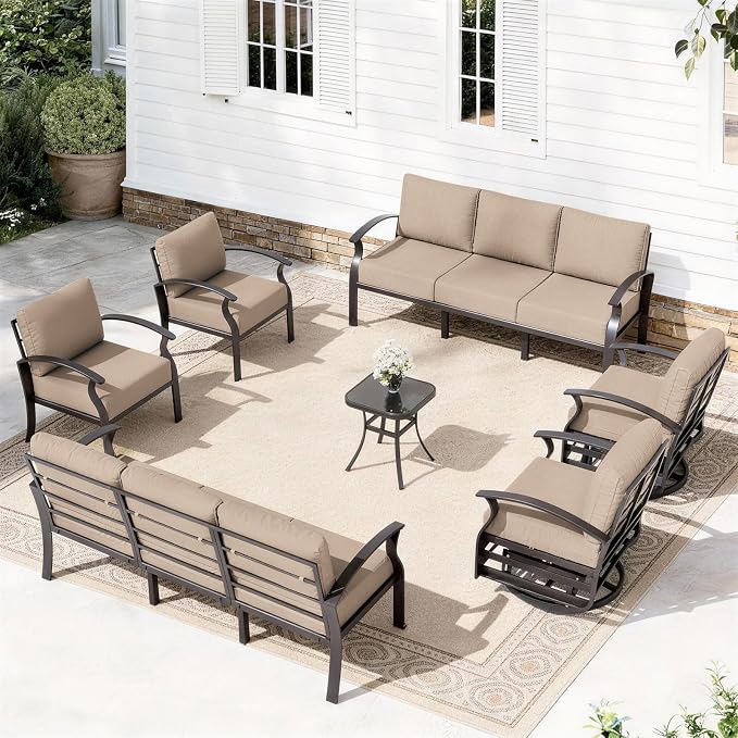 ALAULM Aluminum Patio Furniture Set with 2 Swivel Chairs 10-seat Metal Outdoor Furniture Patio Sectional Sofas Patio Conversation Set w/5.1" Cushions for Patio, Backyard, Poolside-Sand