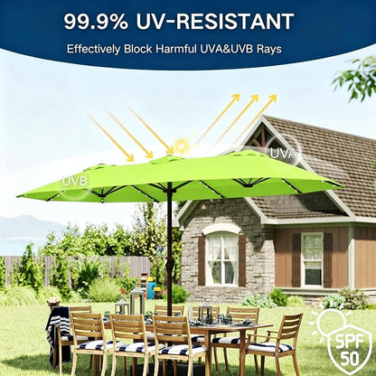 15ft Large Patio Umbrella with Solar Lights and Base, Double-Sided Outdoor Rectangle Umbrella with 48 LED Lights, Market Table Umbrellas with UV Resistant Canopy
