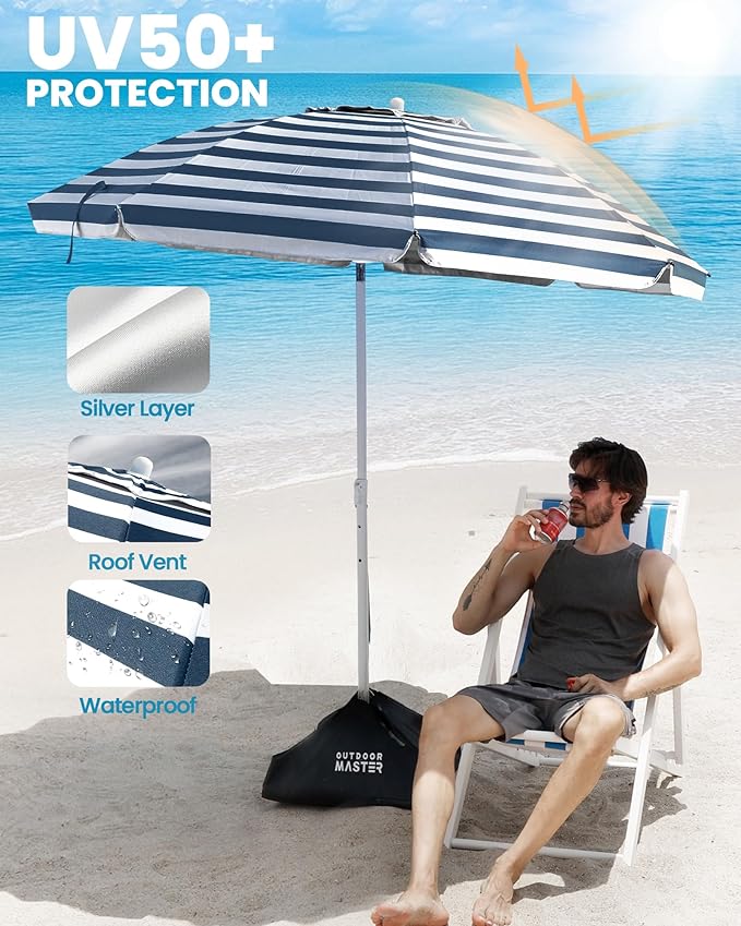 OutdoorMaster 7.2ft Beach Umbrellas for Sand with Sandbag & Anchor | 7.2ft Adjustable Umbrella for Beach, Wind Resistant, Portable UPF50+ Sunshade with Carry Bag for Patio