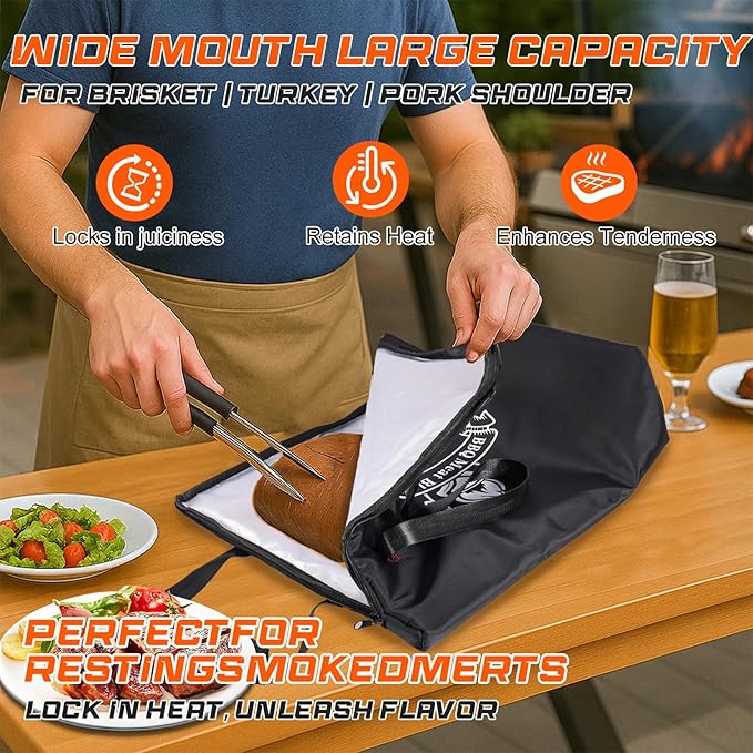 25in BBQ Blanket for Resting Meat - Meat Resting Bag of Washable Oxford Cloth - Insulated Brisket Resting Blanket for Turkey, Pork Shoulder & Beef - Christmas Gifts, Gifts for Men, BBQ Lovers (Black)