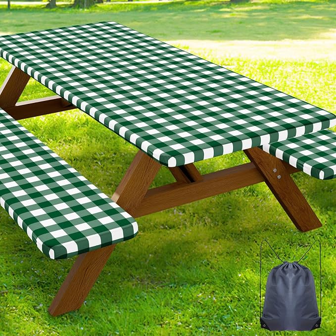 Smiry 8FT Picnic Table Cover with Bench Covers, Elastic Fitted Tablecloth | Waterproof Washable Rectangle Tablecloths ,Buffalo Plaid Tablecloth for Dining, Camping (Hunter Green & White, 30" x 96")