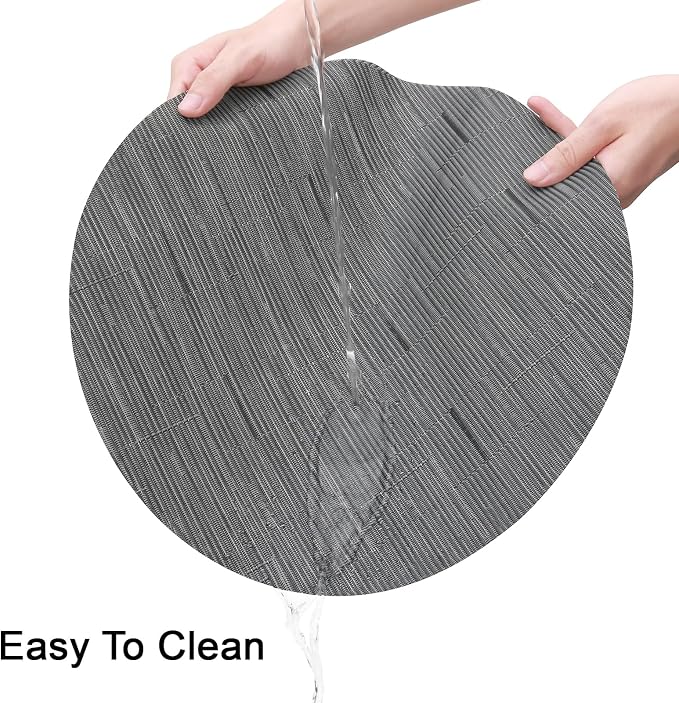 15 Inch Round Placemats Set of 8, Washable Vinyl Woven Place Mats | Heat Resistant Non-Slip Braided Table Mats for Dining Table Kitchen Indoor & Outdoor Use (Black Dark Gray, Set of 8)