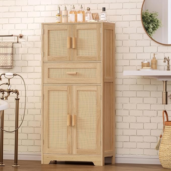 47.2" H Tall Storage Cabinet with Adjustable Shelf, Rattan Cabinet, Cupboard for Living Room, Dining Room, Entryway, Home Office, Natural