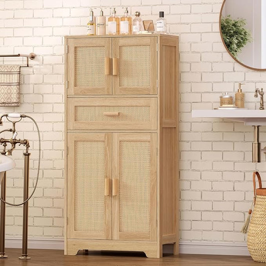 47.2" H Tall Storage Cabinet with Adjustable Shelf, Rattan Cabinet, Cupboard for Living Room, Dining Room, Entryway, Home Office, Natural