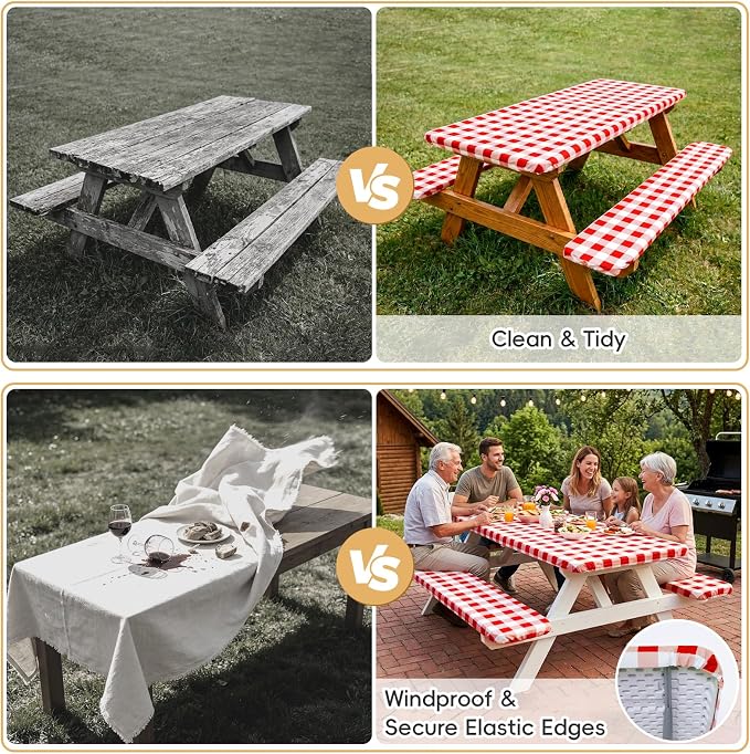 SquarePie Picnic Table Cover with Bench Covers - Waterproof Fitted Elastic Tablecloth for 6 FT Tables - Washable Polyester Camping Table Cloth for Outdoor Patio RV BBQ (Red Checkered, 30"x72")