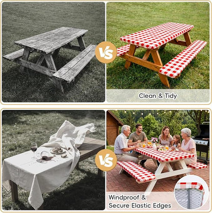SquarePie Picnic Table Cover with Bench Covers - Waterproof Fitted Elastic Tablecloth for 6 FT Tables - Washable Polyester Camping Table Cloth for Outdoor Patio RV BBQ (Red Checkered, 30"x72")