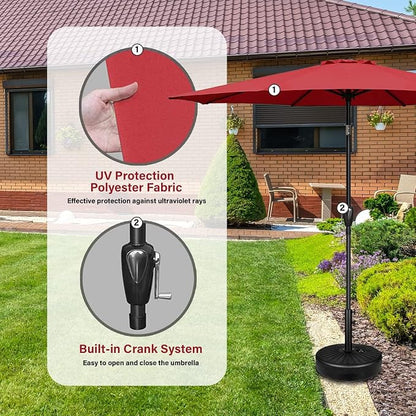 YSSOA 9' Patio Umbrella with 50lbs 20" Capacity Fillable Heavy Duty Round Base, 8 Sturdy Ribs, for Outdoor Lawn, Deck, Poolside, Red and Black