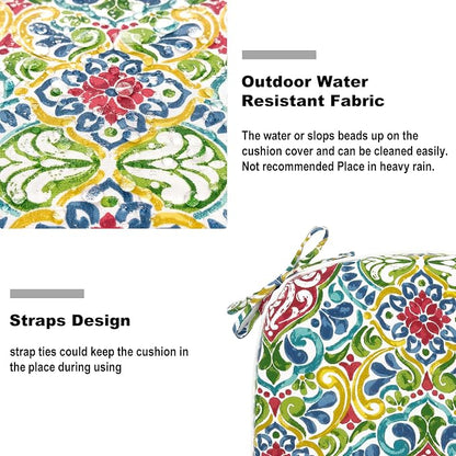 DYTXIII Set of 4 Outdoor Chair Cushions with Ties,Water Repellent Patio Chair Pads 17"x 16" for Outdoor Furniture,Round Corner Seat Cushions for Garden Yard Kitchen Damask Red