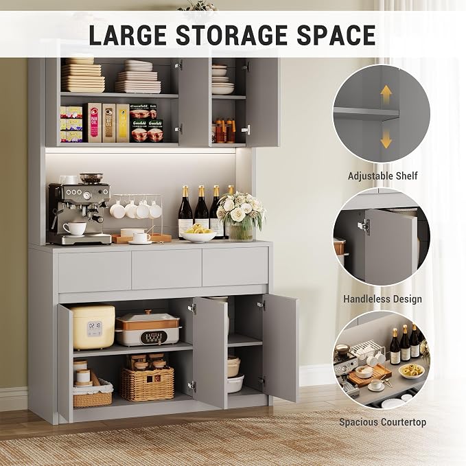 71" Kitchen Pantry Cabinet,Tall Storage Cabinet, Kitchen Storage Hutch | Shelves Adjustable,With Microwave Shelf,Coffee Bar,Led Lights&Charging Station,Corner Pantry Cabinet for Living Room