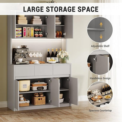 71" Kitchen Pantry Cabinet,Tall Storage Cabinet, Kitchen Storage Hutch | Shelves Adjustable,With Microwave Shelf,Coffee Bar,Led Lights&Charging Station,Corner Pantry Cabinet for Living Room