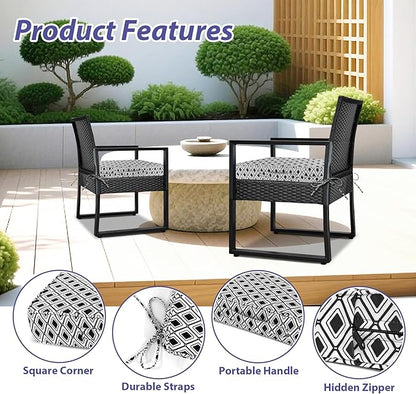IPYNBAP Outdoor Chair Cushions Set of 4 -Waterproof Outdoor Seat Cushions for Patio Furniture, Patio Chair Cushion with Handle and Ties, Out Door Chair Pads,17x16x2-Square, Black Geometry