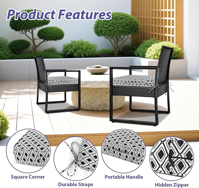 IPYNBAP Outdoor Chair Cushions Set of 4 -Waterproof Outdoor Seat Cushions for Patio Furniture, Patio Chair Cushion with Handle and Ties, Out Door Chair Pads,19x19x3-Square, Black Geometry