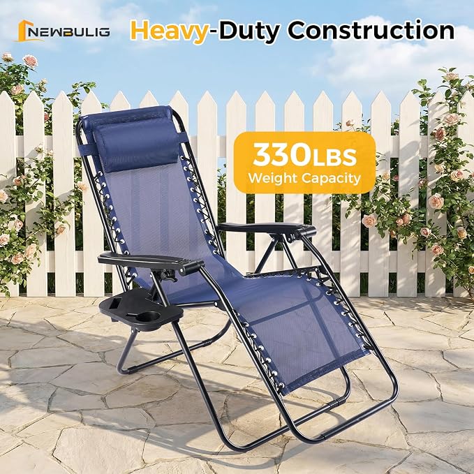 NEWBULIG Zero Gravity Chairs Set of 2, Folding Lounge Recliner Chair | Portable Lawn Camping Recliner with Adjustable Pollow, Mesh Back, Cup Holder Trays for Pool Beach Patio, Navy Blue
