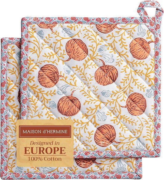Maison d' Hermine Pot Holders Set 100% Cotton Heat Resistant Potholders 8" x 8" Hot Pads with Loop for Thanksgiving Christmas Decorations BBQ Baking Handling Hot Pans (Pack of 2, Harvest Festival)