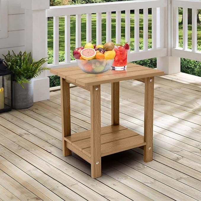 Outdoor Side Table, Weather Resistant Double Small Adirondack Side Table, Outdoor Indoor End Table for Adirondack Chair, 17" Patio Table for Pool, Deck and Porch, Brown