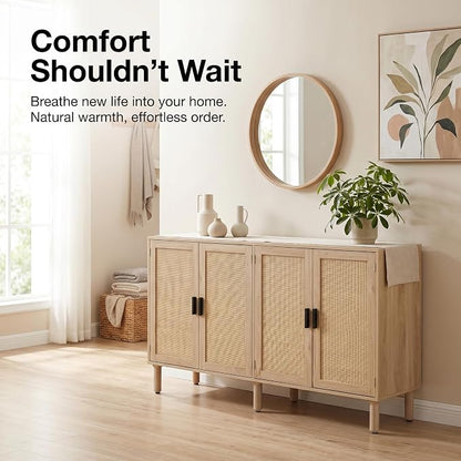 Finnhomy 4 Door Sideboard Buffet Cabinet, Kitchen Storage Cabinet with Rattan Decorated Doors, Cupboard Console Table, Boho Accent Liquor Cabinet for Home Bar, 62.3X 15.7X 34.6 Inches, Natural