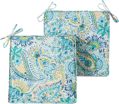 Outdoor 18 inch Square Patio Dining Chair Pads – Comfortable Fiber-Filled Seat Cushions with Ties, Reversible Polyester Fabric - Baltic Paisley, Set of 2