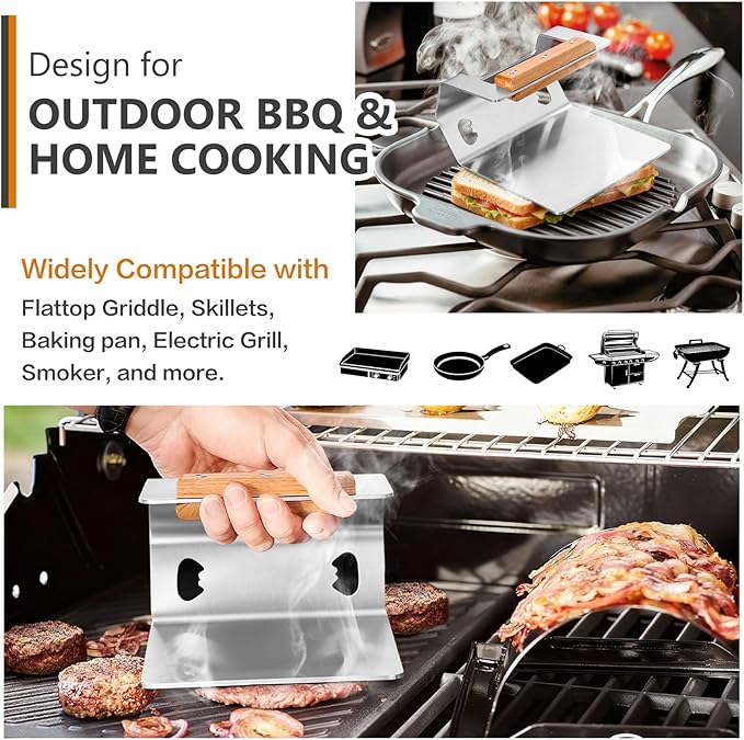 Joyfair Portable Charcoal Grill & Smash Burger Press, Small Tabletop Barbecue Grill, 5.8” Stainless Steel Hamburger Smasher Steak Weight Tool, for Outdoor Camping Backyard Party BBQ Cooking
