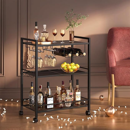 Joaxswe Bar Cart,3-Tier Home Bar Serving Cart with Lockable Wheels,Black | Microwave Cart,Mobile Kitchen Shelf,Rolling Beverage Cart with Wine Rack and Glass Holder for Kitchen,Dinning Room
