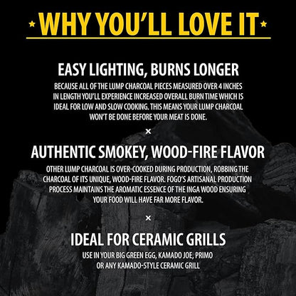 FOGO Premium Hardwood Natural Large Sized Lump Charcoal 17.6 Pound Bag, Fogostarters Natural Fire Starters and Blazaball Bundle