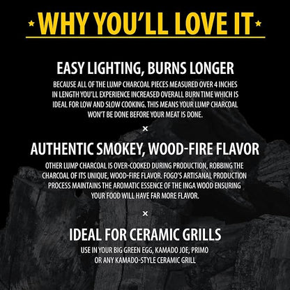 FOGO Premium Hardwood Lump Charcoal, Natural, Large Sized Lump Charcoal for Grilling and Smoking, Restaurant Quality, 17.6 Pound Bag, 2-Pack
