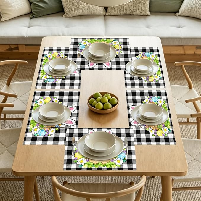 Nuxovilar Tablerunner and Placemats Set of 7 Black-White Plaid Easter Decor Linen Square Placemats for Dining Dining Sets and Accessories Family Dinner, Easter Celebration, Restaurant Setup