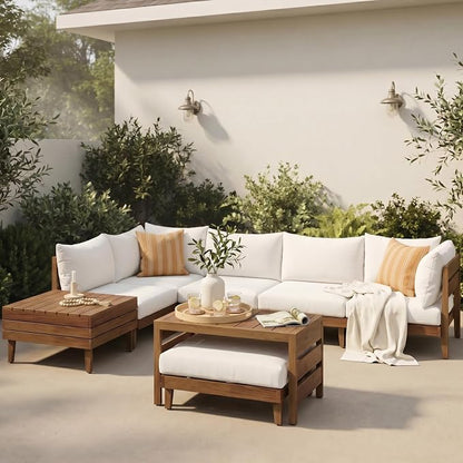 VilroCaz 8-Piece Acacia Wood Outdoor Patio Sofa Set, Modular Sectional Furniture Set with Storage Tea Table, Coffee Table, All-Weather Conversation Set with Cushions for Backyard Poolside